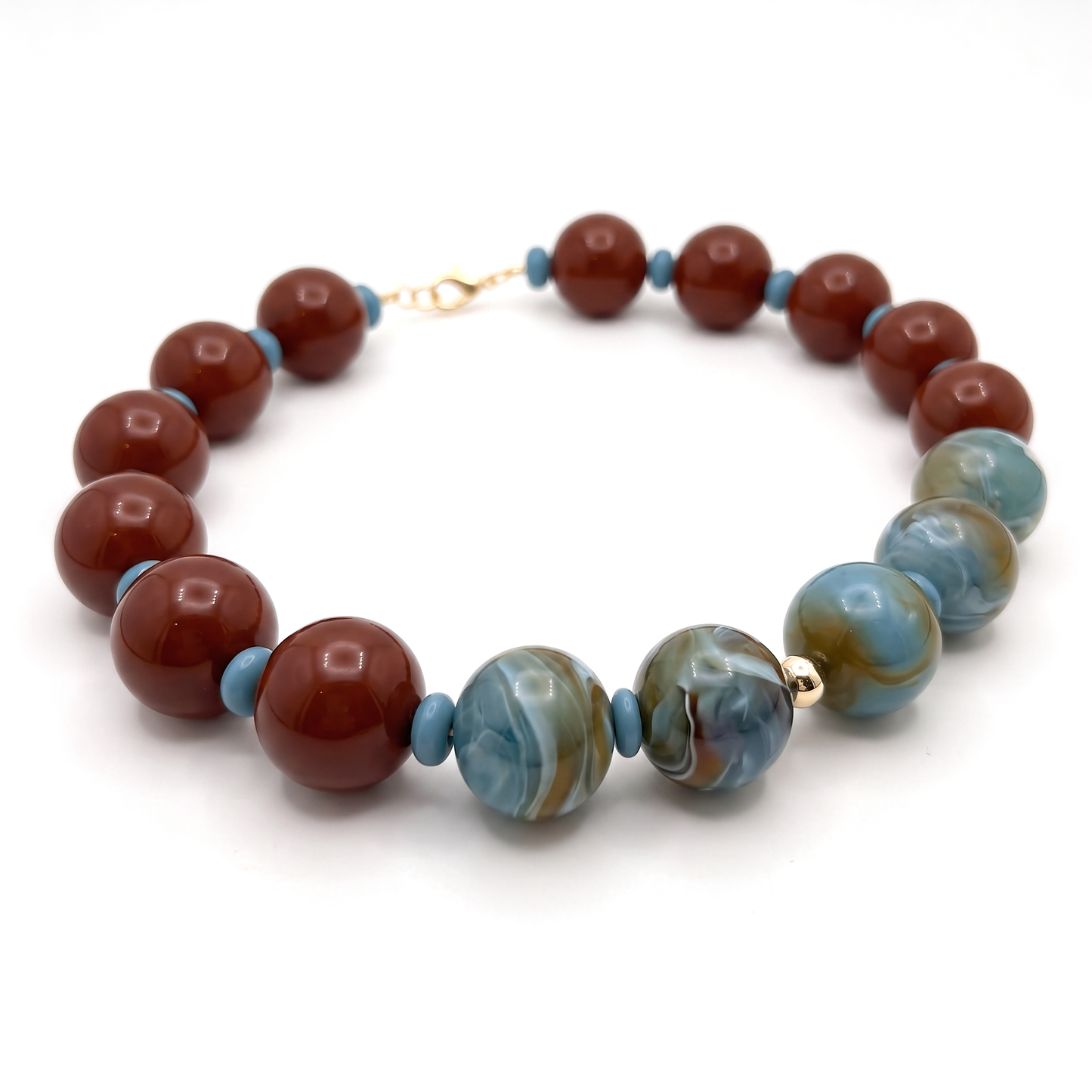 Turquoise Beaded Necklace Chunky Brown Bubble Bead Design Boho Statement Jewelry Piece Handmade With Marbled Acrylic Beads Glass Spacer Details Gold Filled Accent Beads Adjustable Length Extender Casual Everyday Wear Perfect Gift For Her