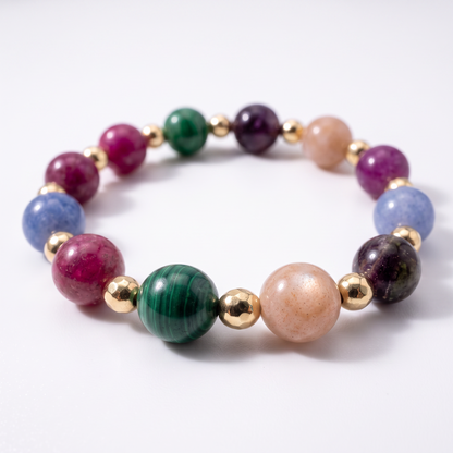 Natural Stone Bracelet Stretch Beaded Design Fall Colors Gemstone Jewelry Collection Purple Green Blue Peach Pink Tones Gold Filled Accents Womens Fashion Accessory Autumn Style Essential Boho Stacking Bracelet Handcrafted Quality Everyday