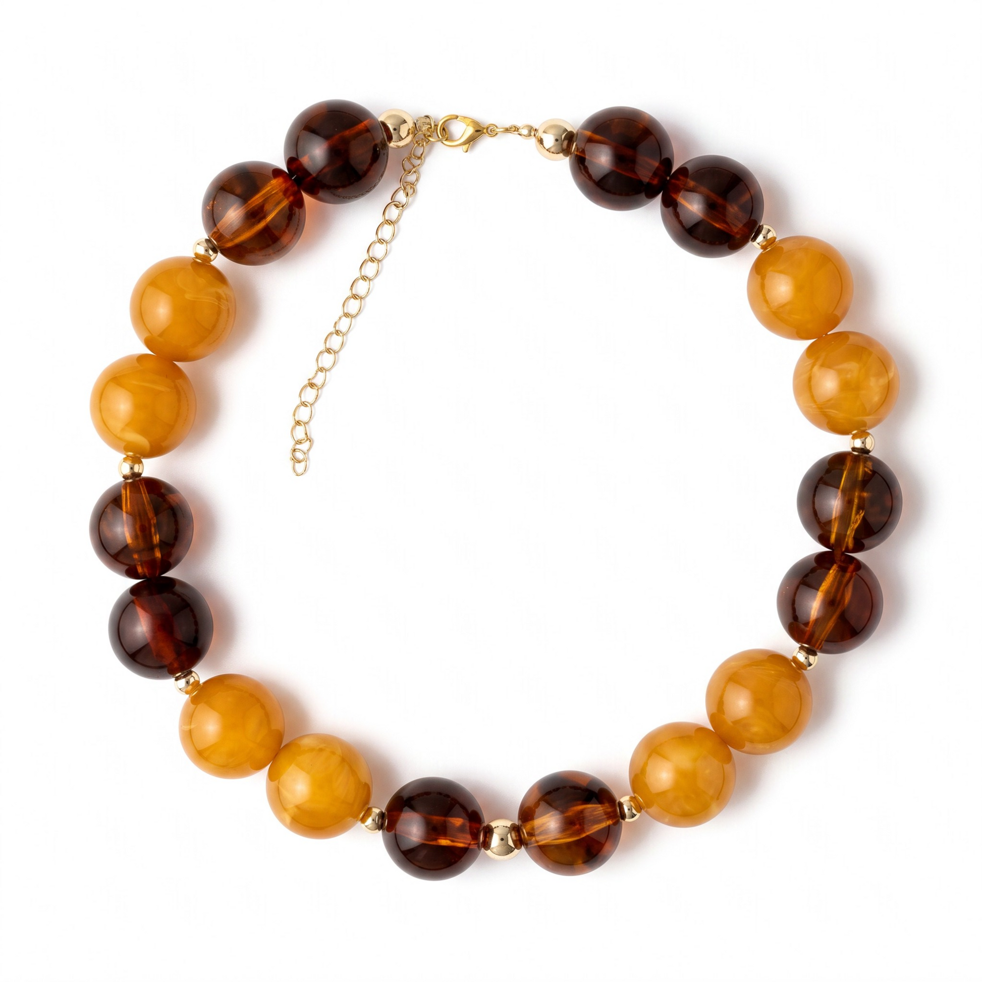 Chunky Bead Necklace Amber Yellow Tortoiseshell Brown Statement Jewelry Gold Filled Accents Bubble Bead Design Fall Fashion Accessory Bold Layering Piece Modern Boho Style Sixteen Inch Length Adjustable Extender Chain Warm Autumn Tones