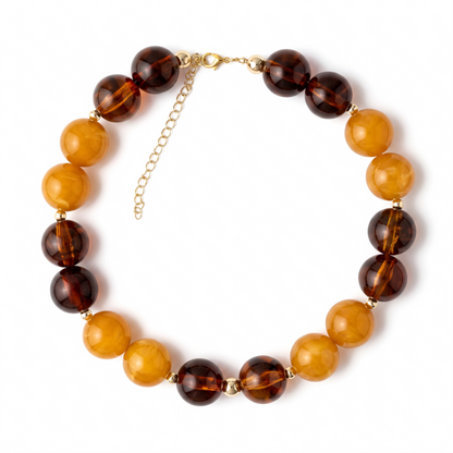 Chunky Bead Necklace Amber Yellow Tortoiseshell Brown Statement Jewelry Gold Filled Accents Bubble Bead Design Fall Fashion Accessory Bold Layering Piece Modern Boho Style Sixteen Inch Length Adjustable Extender Chain Warm Autumn Tones