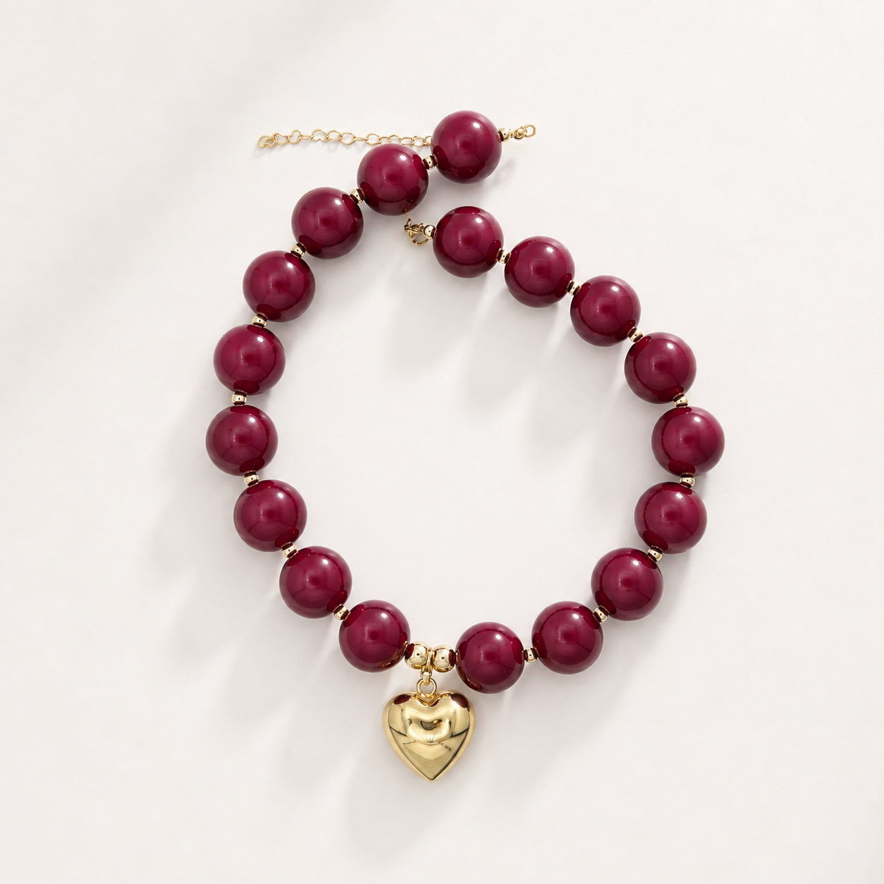 Burgundy Chunky Bead Necklace with Heart Charm
