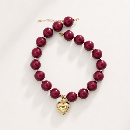 Burgundy Chunky Bead Necklace with Heart Charm