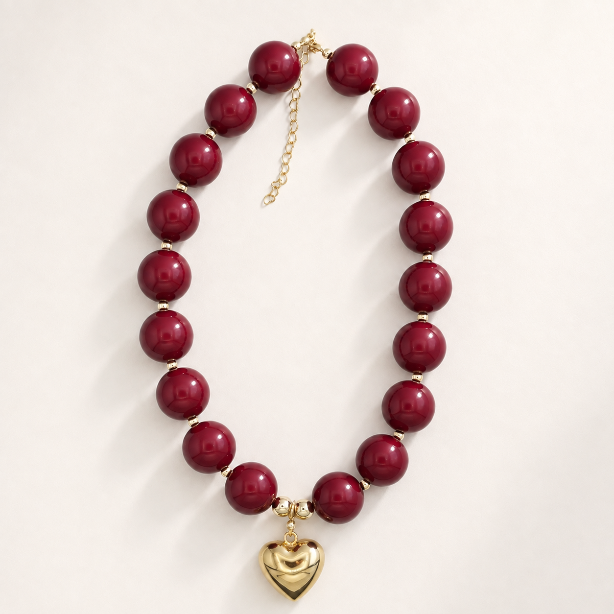 Burgundy Chunky Bead Necklace with Heart Charm
