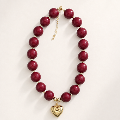 Burgundy Chunky Bead Necklace with Heart Charm