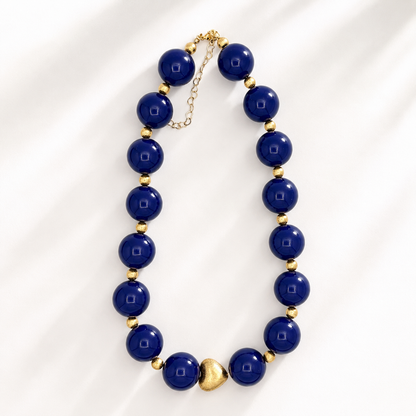 Blue Chunky Necklace with Brushed Gold Heart