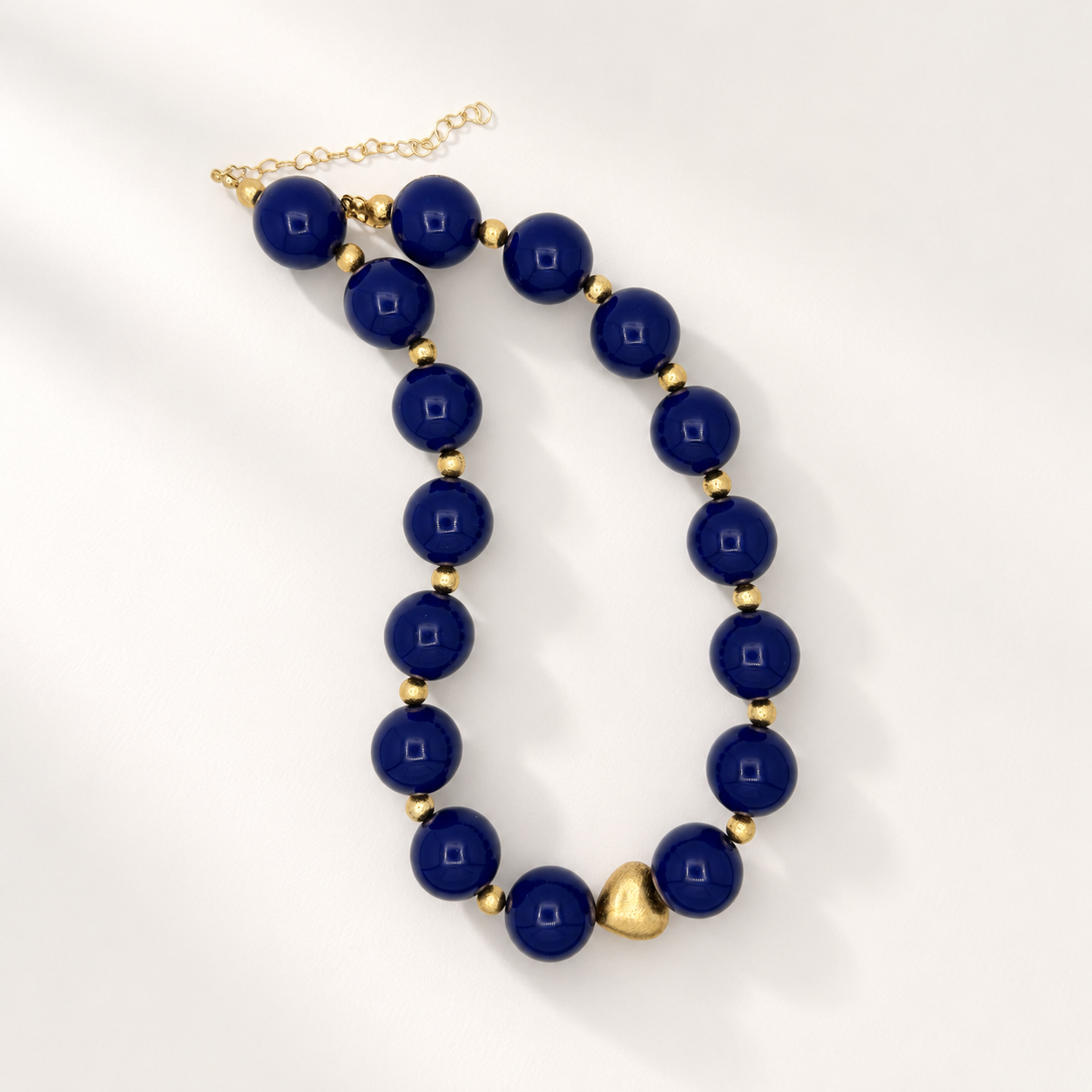 Blue Chunky Necklace with Brushed Gold Heart