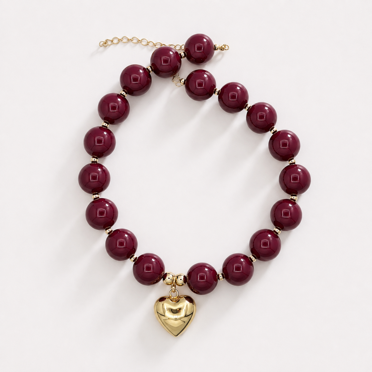 Burgundy Chunky Bead Necklace with Heart Charm