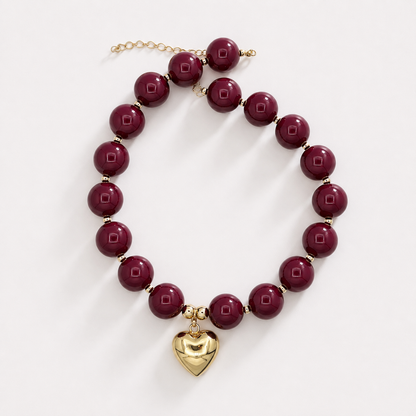 Burgundy Chunky Bead Necklace with Heart Charm
