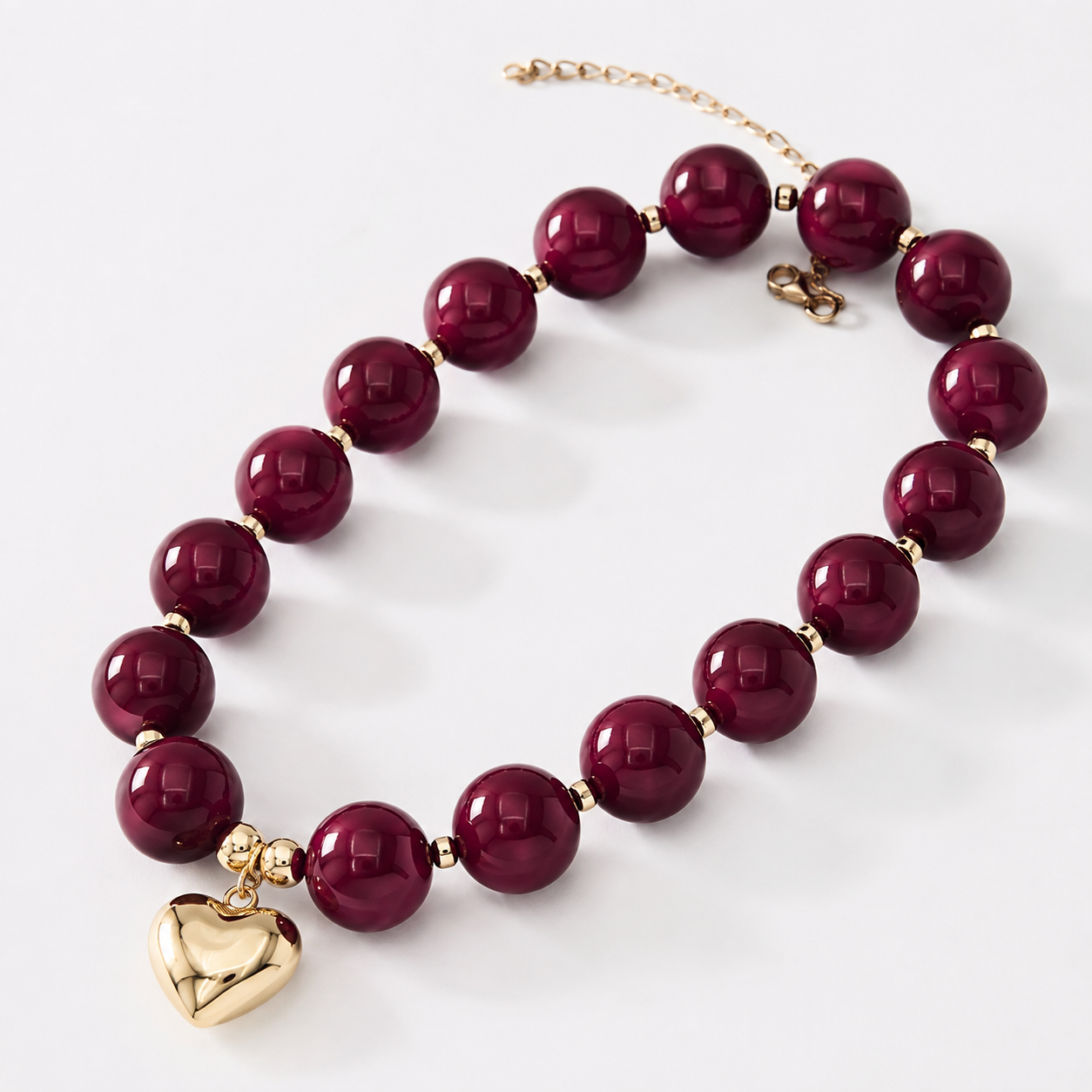 Burgundy Chunky Bead Necklace with Heart Charm