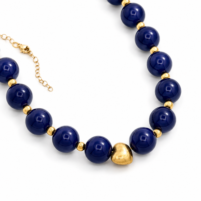 Blue Chunky Necklace with Brushed Gold Heart