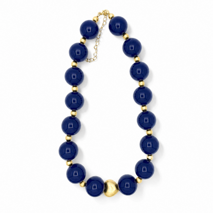 Blue Chunky Necklace with Brushed Gold Heart