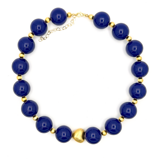 Blue Chunky Necklace with Brushed Gold Heart