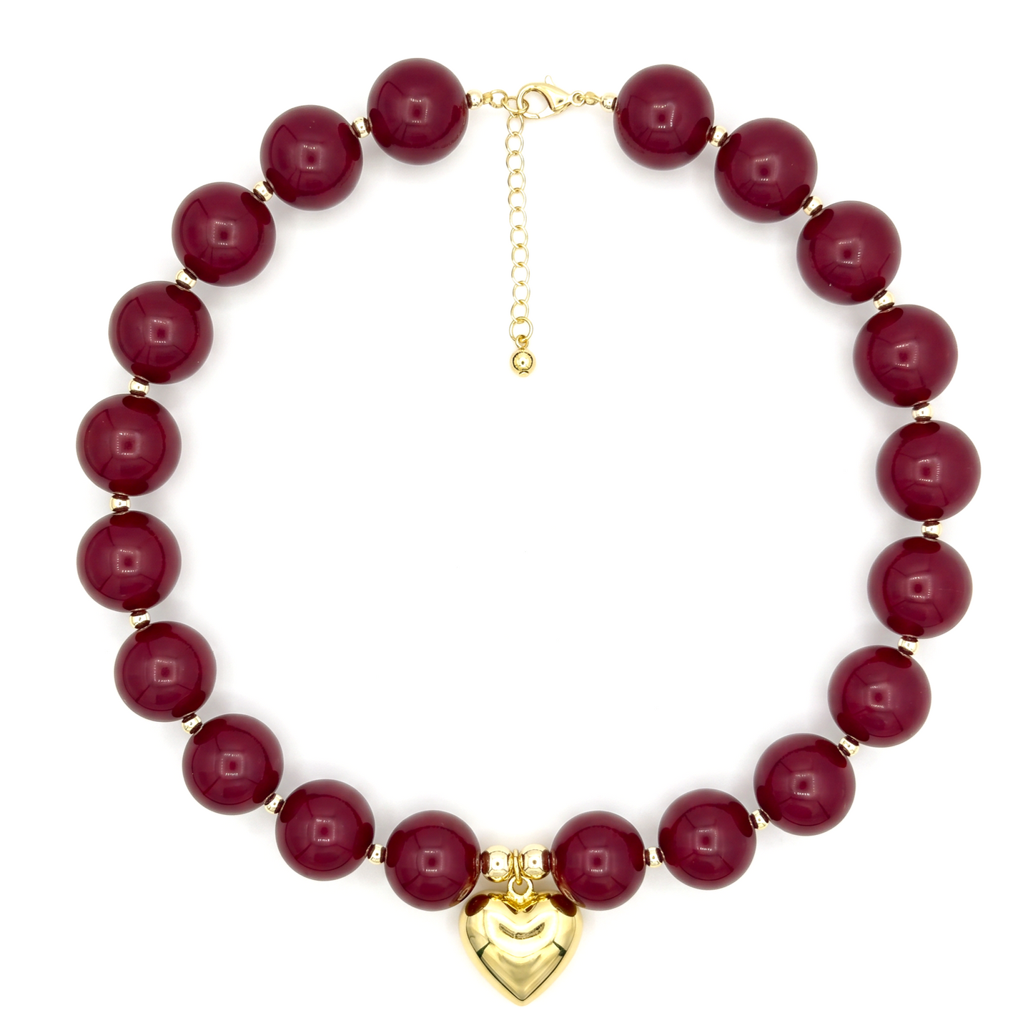 Burgundy Chunky Bead Necklace with Heart Charm
