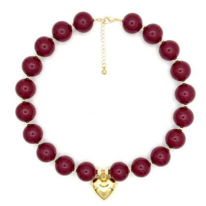 Burgundy Chunky Bead Necklace with Heart Charm