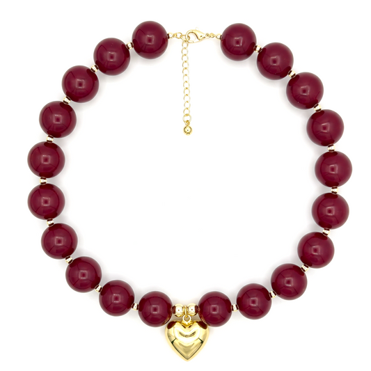 Burgundy Chunky Bead Necklace with Heart Charm