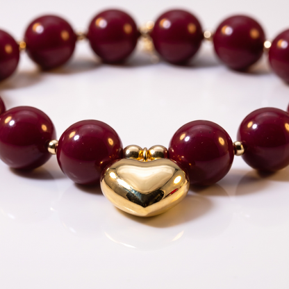 Burgundy Chunky Bead Necklace with Heart Charm