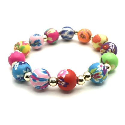 Handmade Polymer Clay Bead Bracelet Colorful Floral Pattern Design 14k Gold Filled Spacer Beads Stretch Elastic Fit Birthday Gift Women Kids Rainbow Colors Vibrant Summer Jewelry Stackable Casual Everyday Wear Bohemian Style Whimsical