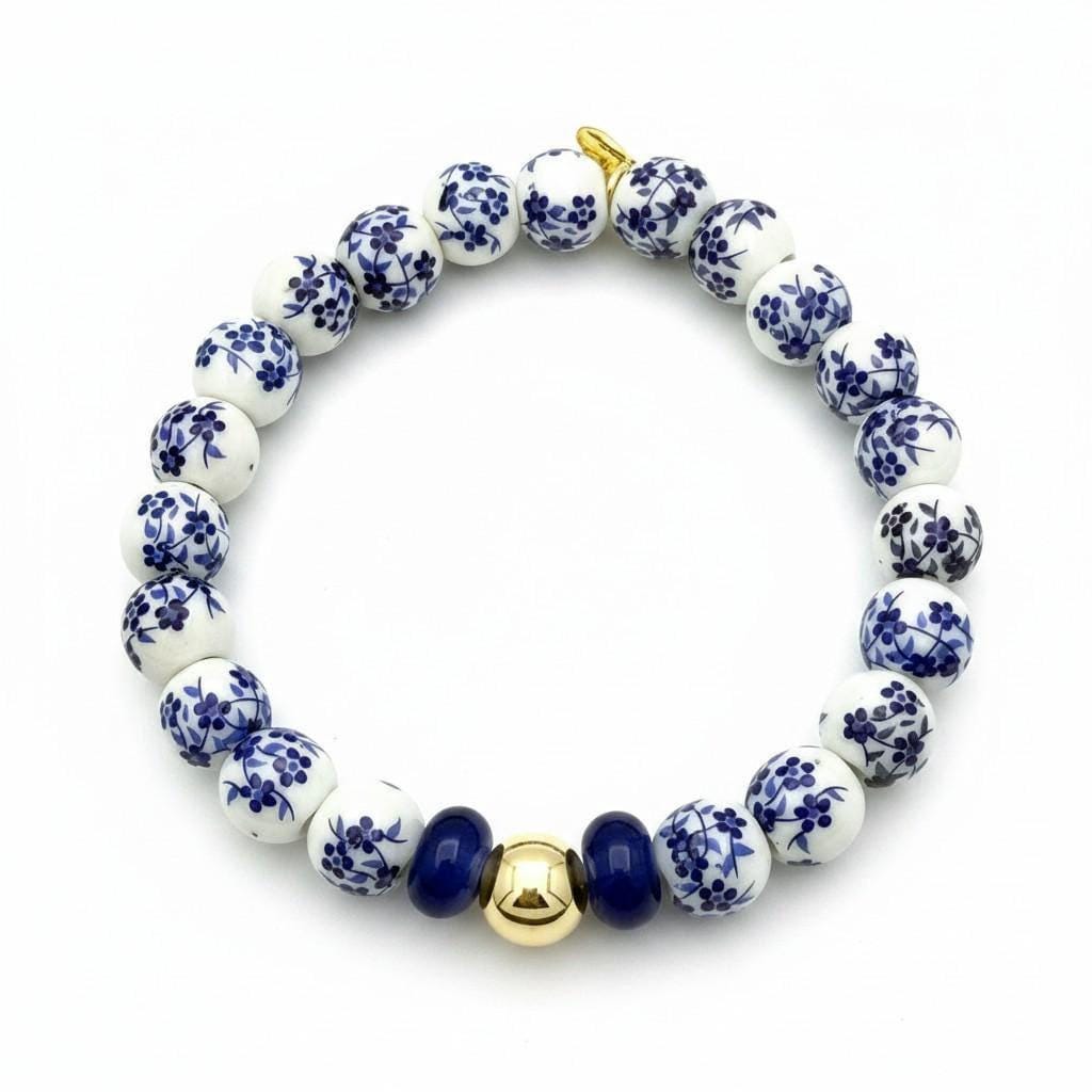 Ceramic Stretch Bracelet Adjustable Fit Porcelain Bead Design Blue White Floral Pattern Hand Painted Chinoiserie Style Gold Filled Accent Bead Elastic Band Jewelry Bridal Party Gift Bridesmaid Present Elegant Accessory Feminine Boho Chic