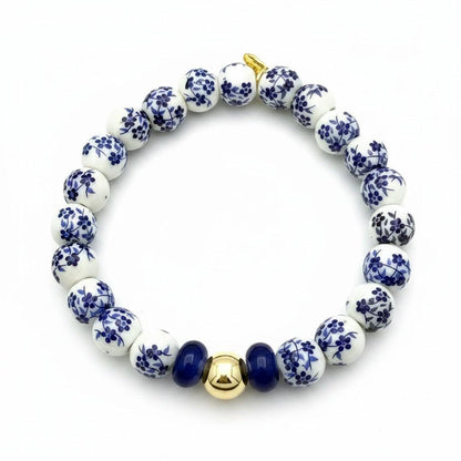 Ceramic Stretch Bracelet Adjustable Fit Porcelain Bead Design Blue White Floral Pattern Hand Painted Chinoiserie Style Gold Filled Accent Bead Elastic Band Jewelry Bridal Party Gift Bridesmaid Present Elegant Accessory Feminine Boho Chic