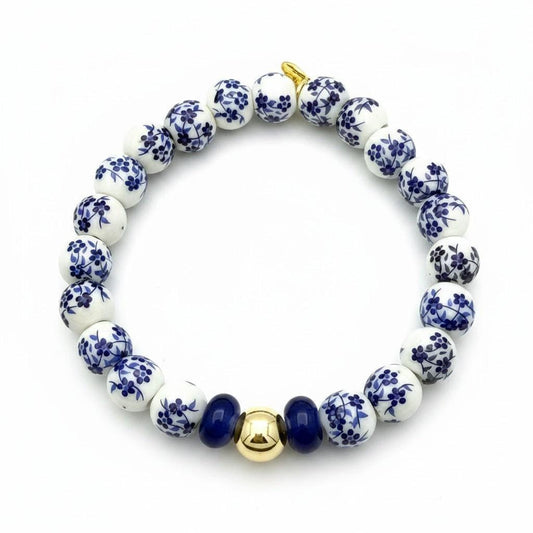 Ceramic Stretch Bracelet Adjustable Fit Porcelain Bead Design Blue White Floral Pattern Hand Painted Chinoiserie Style Gold Filled Accent Bead Elastic Band Jewelry Bridal Party Gift Bridesmaid Present Elegant Accessory Feminine Boho Chic