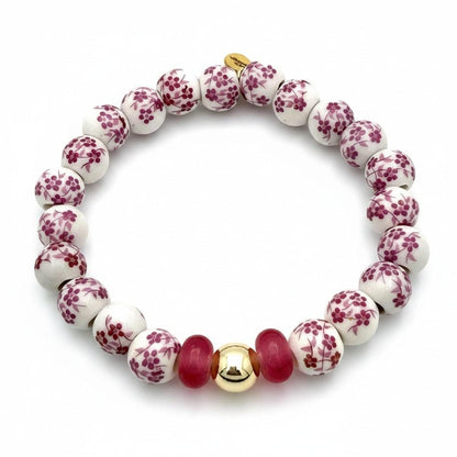 Blue White Floral Bracelet Chinoiserie Pattern Porcelain Bead Design Ceramic Stretch Band Hand Painted Jewelry Gold Filled Accent Bead Bridal Party Gift Bridesmaid Accessory Elegant Statement Piece Adjustable Fit Boho Chic Style Feminine
