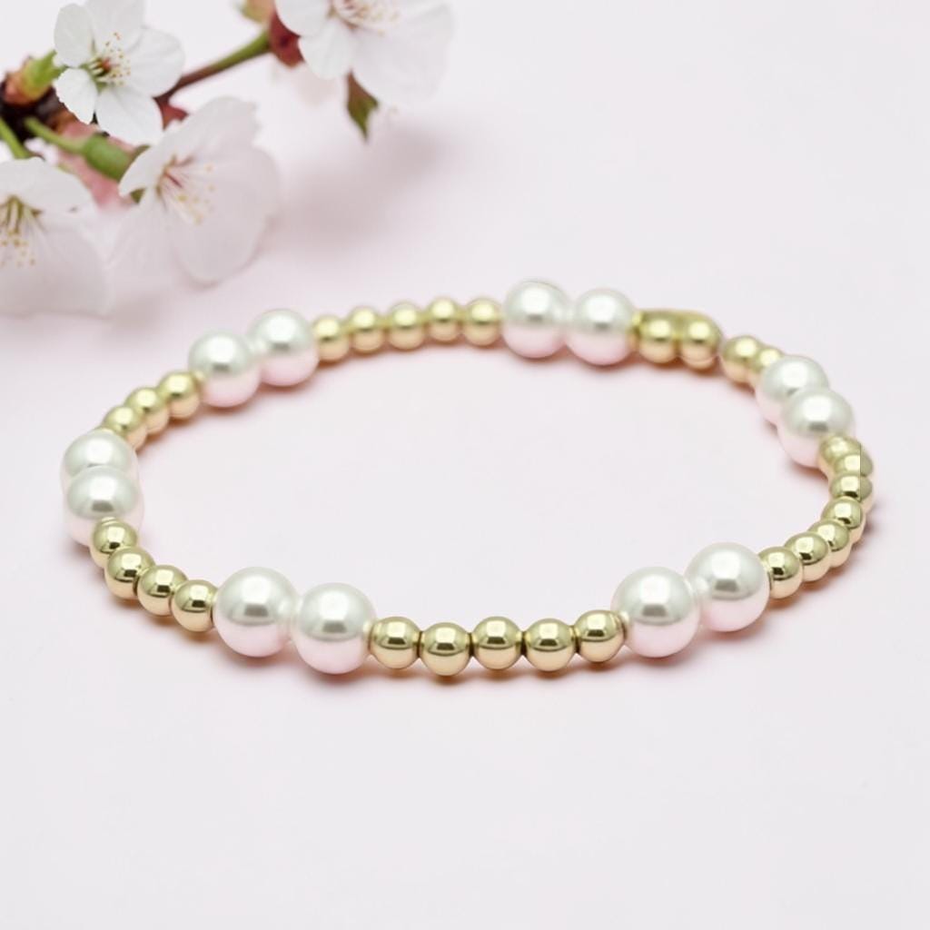 Pearl Stretch Bracelet Natural Shell Design White Pink Pearls 14k Gold Filled Beads Women Birthday Gift Anniversary Present Bridal Party Jewelry Elegant Feminine Style Stackable Layering Bracelet Everyday Wear Casual Formal Occasions