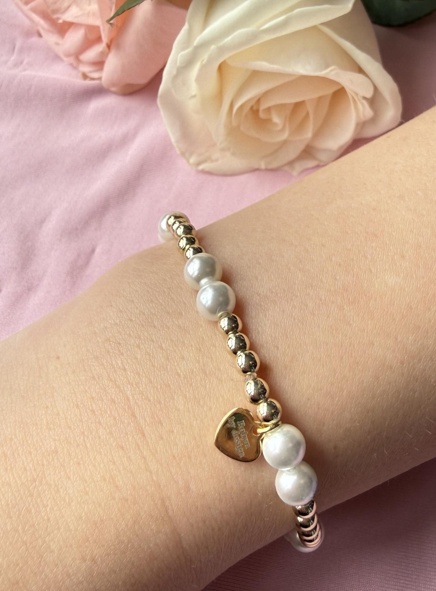Gold Beaded Bracelet Pearl Stretch Design Natural Shell Pearls White Pink Tones 14k Gold Filled Accents Versatile Everyday Jewelry Stackable Layering Style Women Gift Set Elegant Feminine Accessory Casual Formal Wear Comfortable Stretch Fit