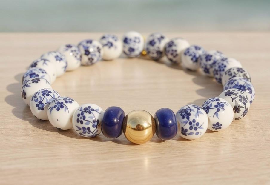 Bridal Party Gift Porcelain Bead Bracelet Blue White Floral Design Bridesmaid Jewelry Wedding Favor Present Ceramic Stretch Band Hand Painted Chinoiserie Pattern Gold Filled Accent Bead Elegant Accessory Adjustable Fit Boho Chic Style