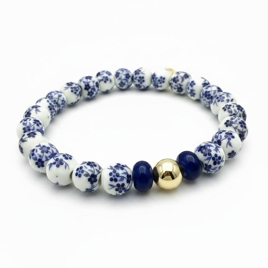 Porcelain Bead Bracelet Ceramic Stretch Band Blue White Floral Pattern Hand Painted Chinoiserie Design Gold Filled Accent Bead Elegant Bridesmaid Jewelry Bridal Party Present Adjustable Elastic Fit Feminine Accessory Boho Chic Style