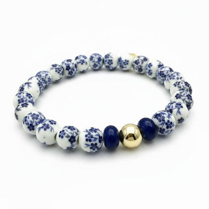 Porcelain Bead Bracelet Ceramic Stretch Band Blue White Floral Pattern Hand Painted Chinoiserie Design Gold Filled Accent Bead Elegant Bridesmaid Jewelry Bridal Party Present Adjustable Elastic Fit Feminine Accessory Boho Chic Style