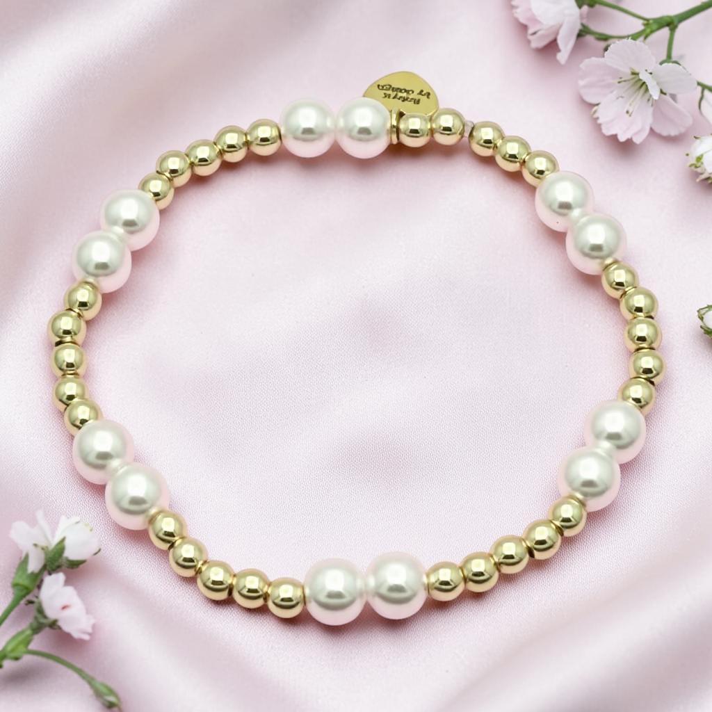 Stretch Bracelet Pearl Design Comfortable Fit Natural Shell Beads White Pink Pearl Pattern 14k Gold Filled Accents Stackable Layering Jewelry Elegant Women Gift Birthday Anniversary Present Bridal Party Accessory Everyday Wear Feminine