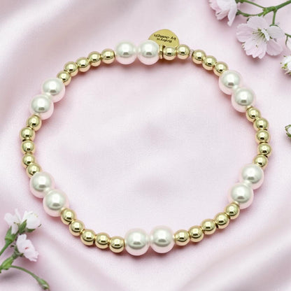 Stretch Bracelet Pearl Design Comfortable Fit Natural Shell Beads White Pink Pearl Pattern 14k Gold Filled Accents Stackable Layering Jewelry Elegant Women Gift Birthday Anniversary Present Bridal Party Accessory Everyday Wear Feminine
