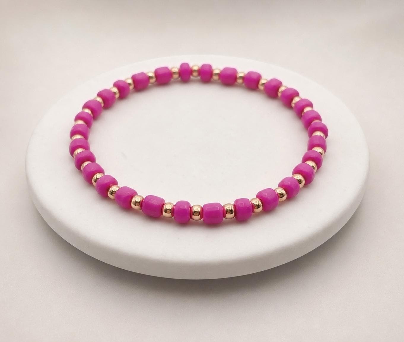Pink Beaded Bracelet Stretch Design Gold Filled Accents Stackable Jewelry Women Teens Kids Simple Style Birthday Gift Bridal Party Accessory Magenta Glass Beads Comfortable Elastic Band Easy Wear Minimalist Statement Piece Everyday Jewelry