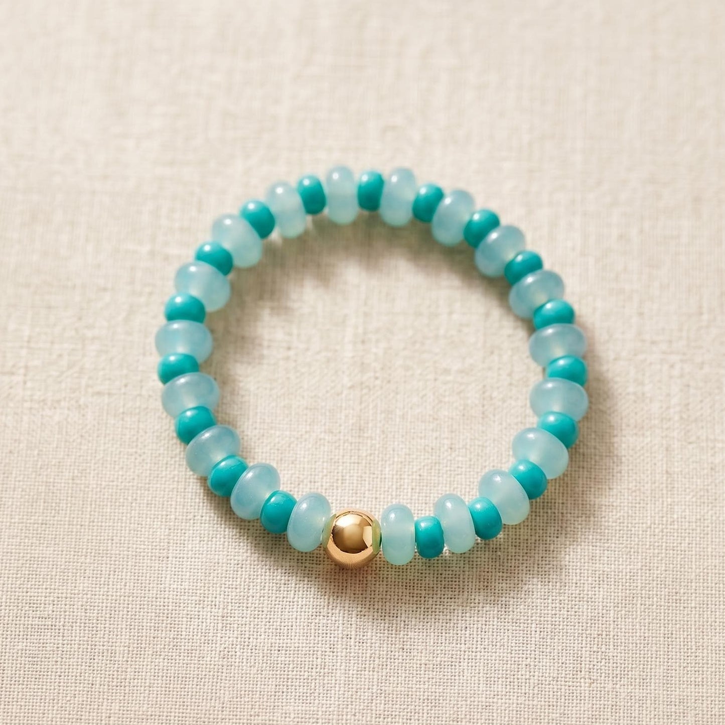 Teal Beaded Bracelet Stretch Glass Design Featuring Rondelle Beads With Gold Filled Accent Bead Perfect Everyday Wear Jewelry Stackable Bracelet Collection For Women Ocean Color Style Summer Accessory Gift Idea Elastic Band Comfortable Fit