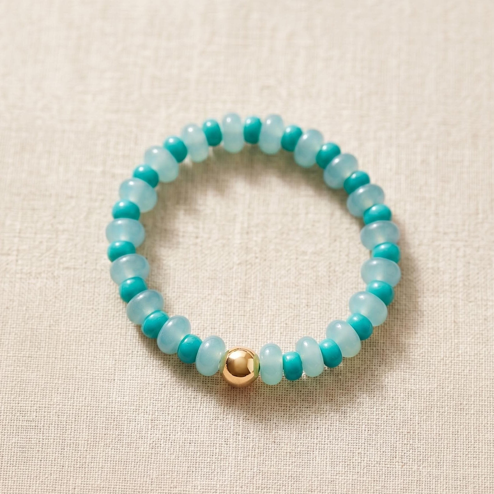 Teal Beaded Bracelet Stretch Glass Design Featuring Rondelle Beads With Gold Filled Accent Bead Perfect Everyday Wear Jewelry Stackable Bracelet Collection For Women Ocean Color Style Summer Accessory Gift Idea Elastic Band Comfortable Fit