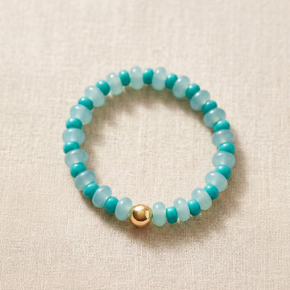 Teal Beaded Bracelet Stretch Glass Design Featuring Rondelle Beads With Gold Filled Accent Bead Perfect Everyday Wear Jewelry Stackable Bracelet Collection For Women Ocean Color Style Summer Accessory Gift Idea Elastic Band Comfortable Fit