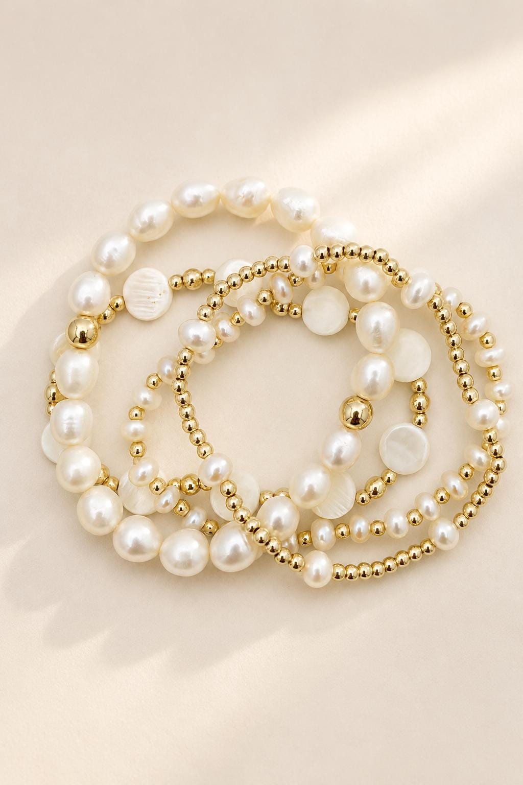 Pearl Jewelry Set Stackable Bracelet Collection Four Piece Gold Filled Design Freshwater Baroque Pearl Beaded Bands Perfect Bridesmaid Gift Elegant Wedding Party Present Layering Bracelets Stretch Fit Comfort Premium Quality Construction