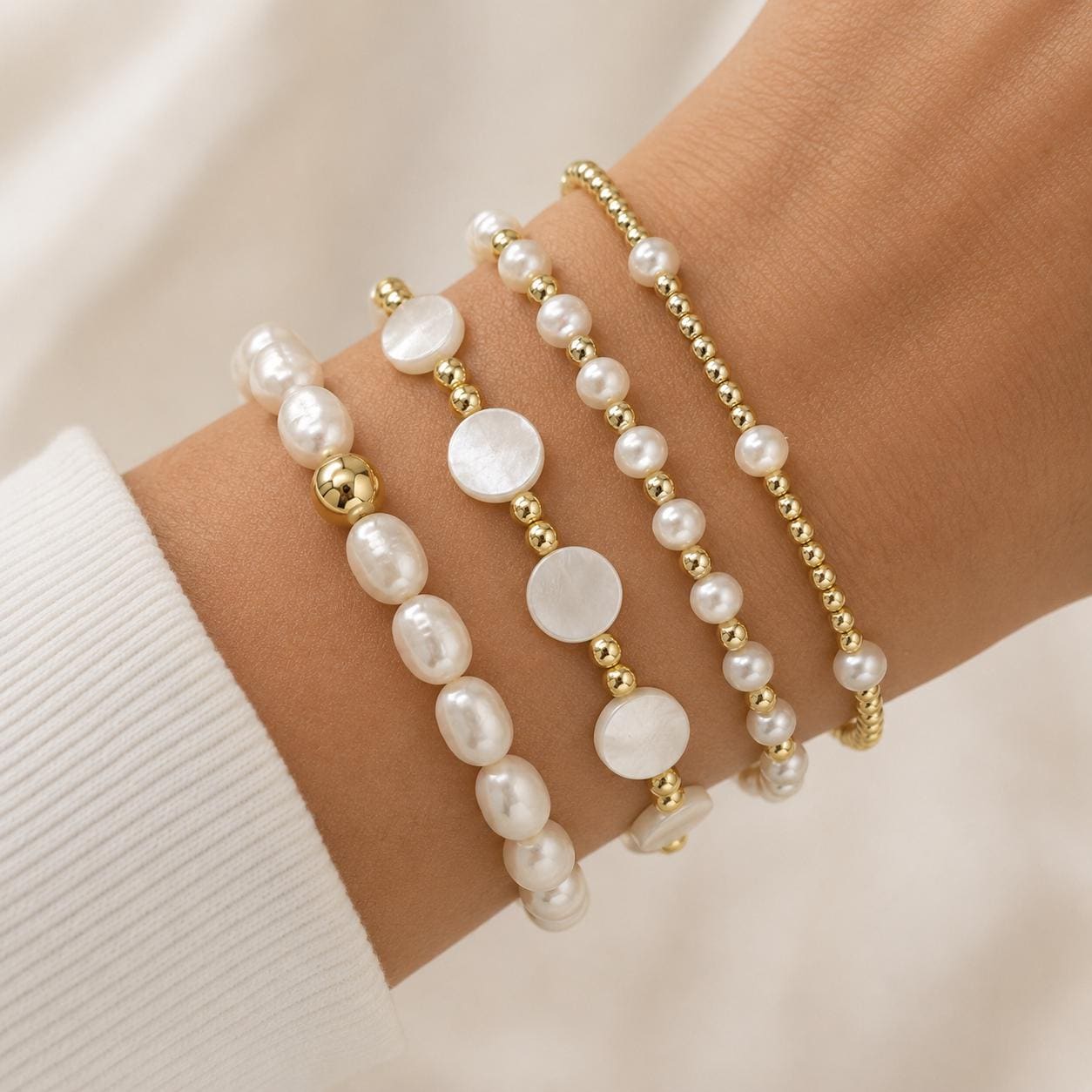 Pearl Bracelet Set Stackable Gold Jewelry Women Wedding Gift Bridesmaid Jewelry Freshwater Baroque Pearl Bangle Stretch Layering Bands Beaded Handmade Bridal Accessory Elegant Everyday Wear Minimalist Design Gold Filled Beads Round Coin