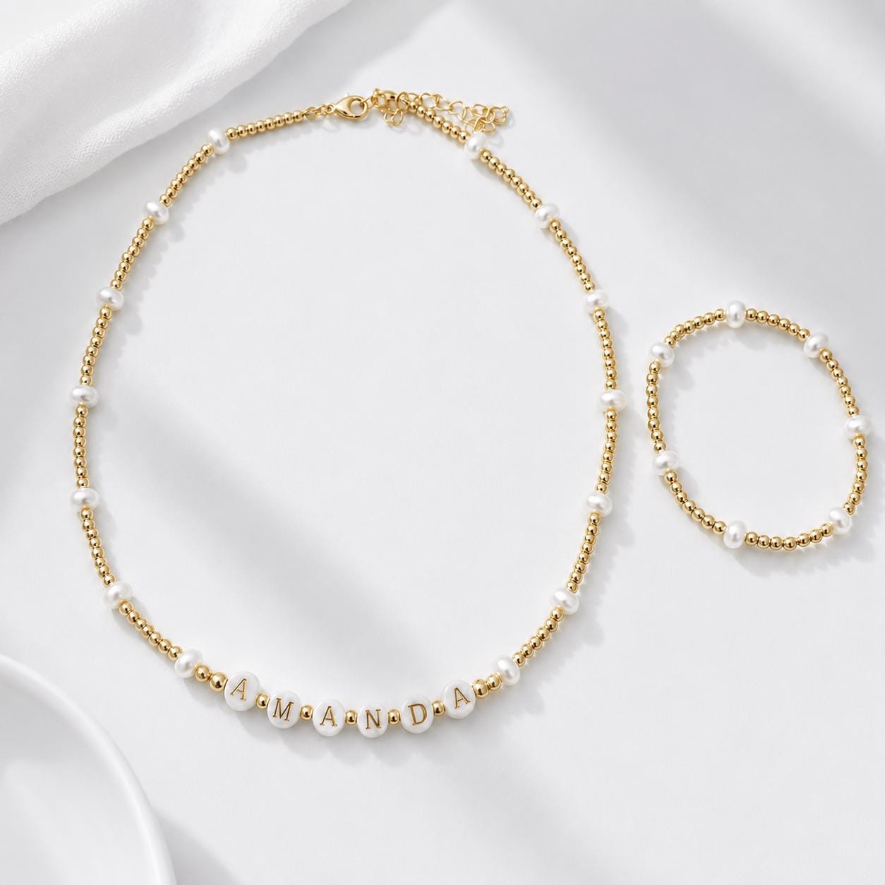 Personalized Pearl Necklace Bracelet Set Custom Name Jewelry Gold Filled Beads Freshwater Pearl Design Perfect Bridesmaid Gift Set Wedding Party Jewelry Elegant Monogram Initial Charm Letter Beads Matching Beaded Collection Adjustable