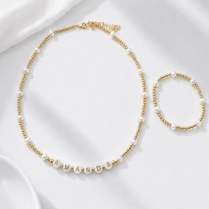 Personalized Pearl Necklace Bracelet Set Custom Name Jewelry Gold Filled Beads Freshwater Pearl Design Perfect Bridesmaid Gift Set Wedding Party Jewelry Elegant Monogram Initial Charm Letter Beads Matching Beaded Collection Adjustable