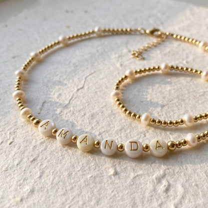 Gold Pearl Jewelry Set Personalized Name Bracelet Necklace Collection Custom Initial Design Freshwater Pearl Beaded Necklace 14k Gold Filled Beads Premium Quality Construction Elegant Bridesmaid Thank You Gift Monogram Charm Jewelry