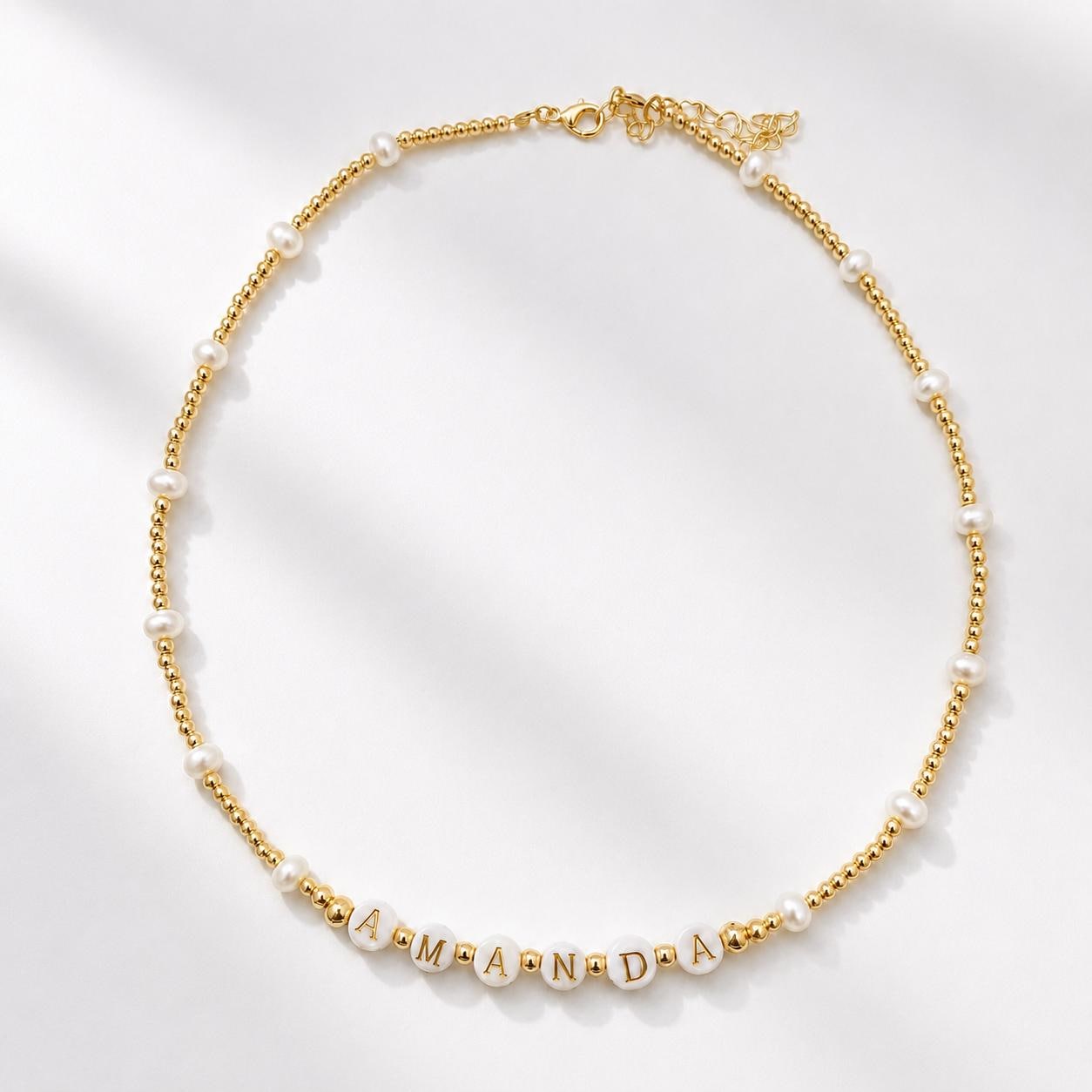 Bridesmaid Gift Jewelry Personalized Pearl Necklace Bracelet Set Custom Name Design Gold Filled Beaded Collection Freshwater Pearl Elegant Accessory Birthday Present Special Occasion Jewelry Monogram Initial Charm Letter Beads Matching Set