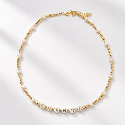 Bridesmaid Gift Jewelry Personalized Pearl Necklace Bracelet Set Custom Name Design Gold Filled Beaded Collection Freshwater Pearl Elegant Accessory Birthday Present Special Occasion Jewelry Monogram Initial Charm Letter Beads Matching Set