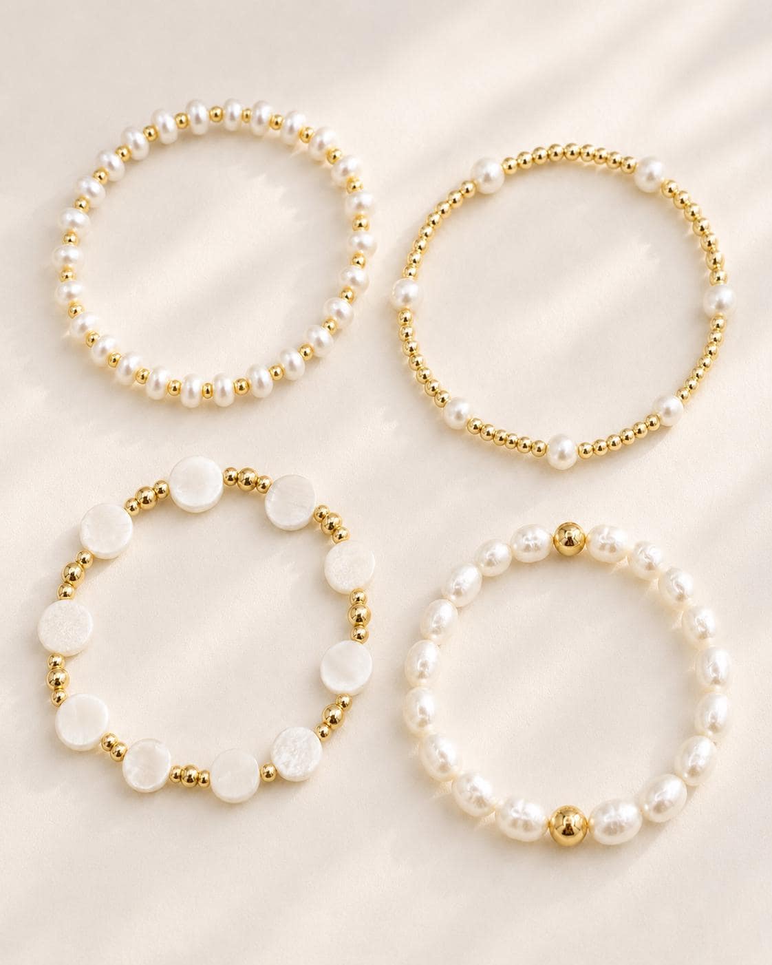 Stackable Bracelet Set Freshwater Pearl Collection Four Piece Layering Bands Gold Filled Beaded Jewelry Elegant Wedding Gift Perfect Bridesmaid Present Baroque Pearl Design Stretch Fit Bracelets Premium Quality Construction Beautiful Bridal
