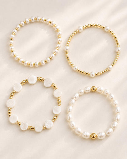Stackable Bracelet Set Freshwater Pearl Collection Four Piece Layering Bands Gold Filled Beaded Jewelry Elegant Wedding Gift Perfect Bridesmaid Present Baroque Pearl Design Stretch Fit Bracelets Premium Quality Construction Beautiful Bridal