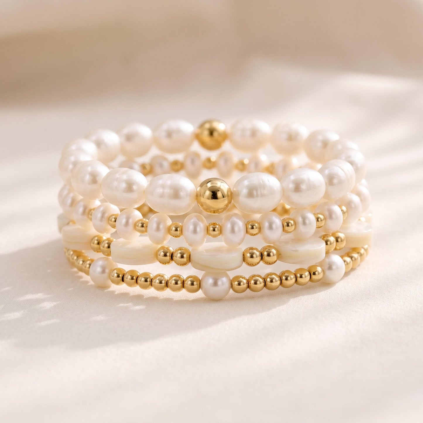 Freshwater Pearl Bracelet Set Four Piece Stackable Collection Gold Filled Beaded Design Perfect Bridesmaid Gift Wedding Party Jewelry Baroque Pearl Round Pearl Coin Pearl Elegant Layering Bands Stretch Fit Comfort Premium Quality
