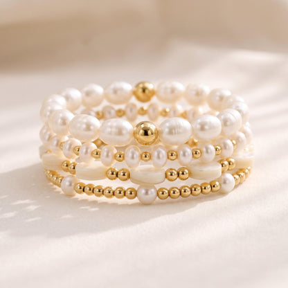 Freshwater Pearl Bracelet Set Four Piece Stackable Collection Gold Filled Beaded Design Perfect Bridesmaid Gift Wedding Party Jewelry Baroque Pearl Round Pearl Coin Pearl Elegant Layering Bands Stretch Fit Comfort Premium Quality