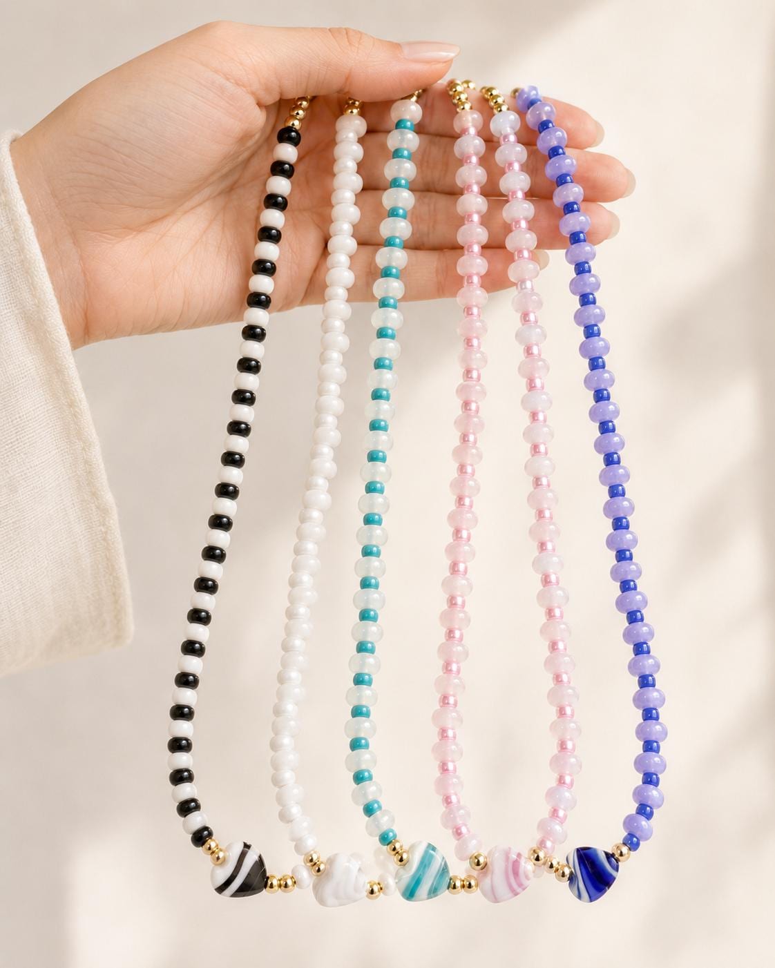 Heart Pendant Necklace Stretch Beaded Choker Birthday Gift Women Teen Jewelry Natural Stone Heart Glass Bead Design Gold Filled Accent Beads Handmade Casual Accessory Everyday Wear Comfortable No Clasp Stretch Design Five Color Options