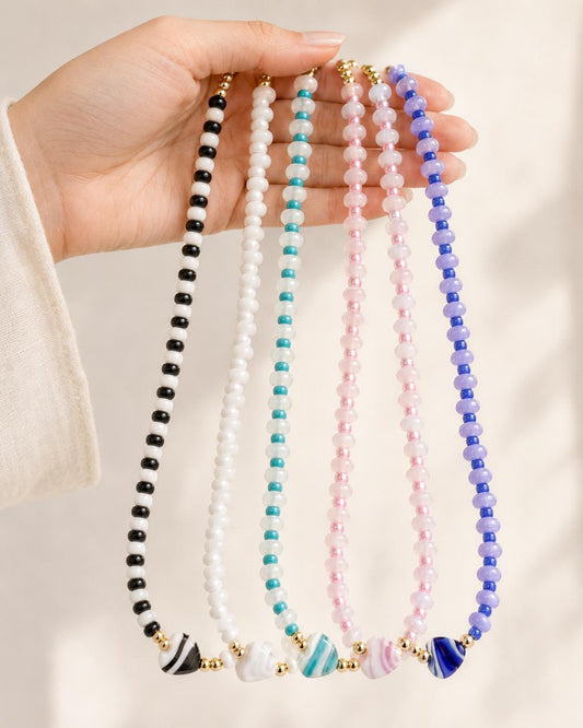 Heart Pendant Necklace Stretch Beaded Choker Birthday Gift Women Teen Jewelry Natural Stone Heart Glass Bead Design Gold Filled Accent Beads Handmade Casual Accessory Everyday Wear Comfortable No Clasp Stretch Design Five Color Options