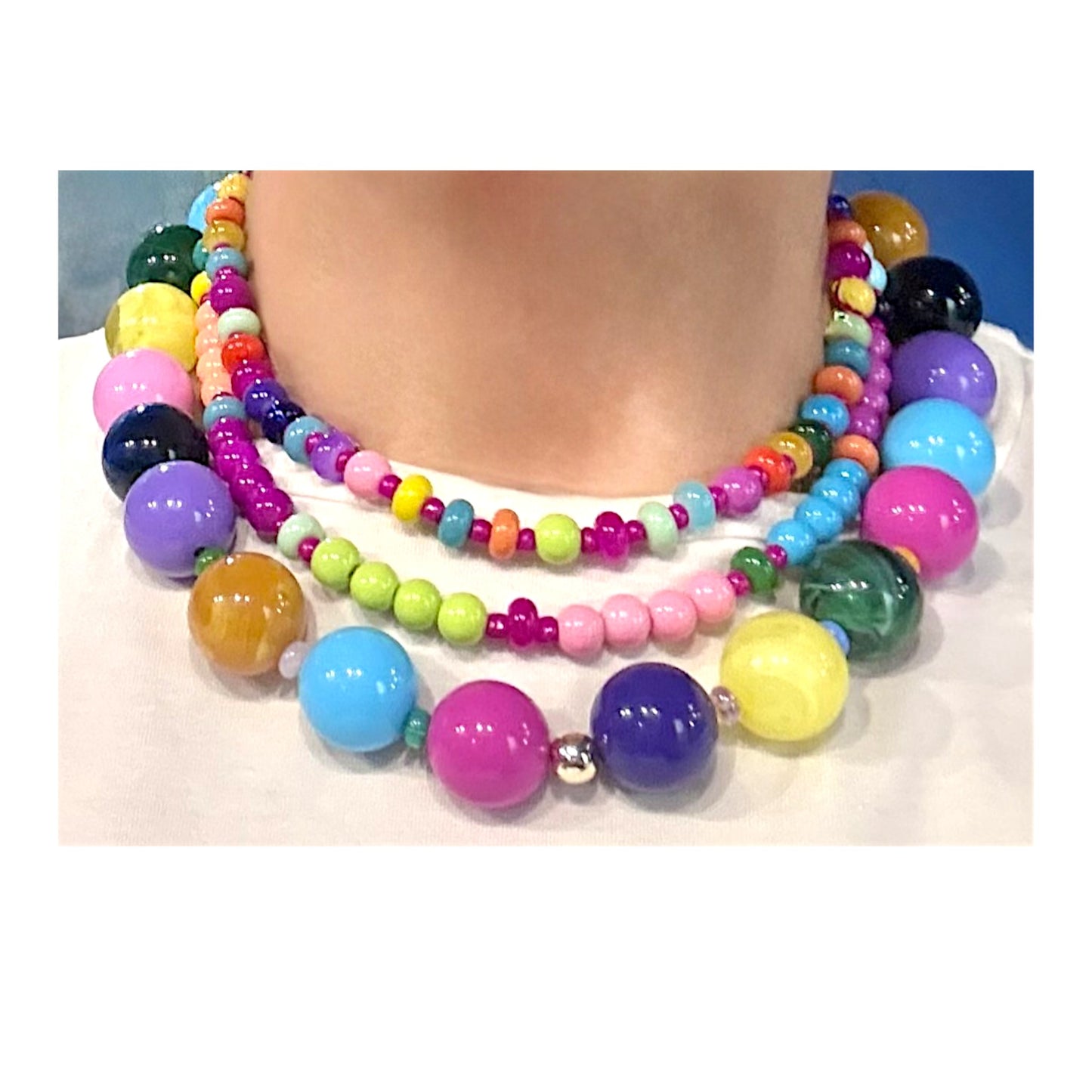 Robyn by design multi-colored beaded statement necklace featuring glossy spherical beads in a vibrant rainbow palette